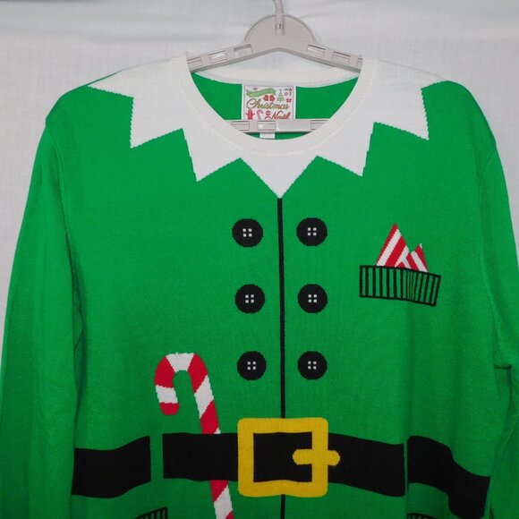 Green Elf Ugly Christmas Holiday Sweater Dress Up Mens XL Acrylic - Picture 2 of 9